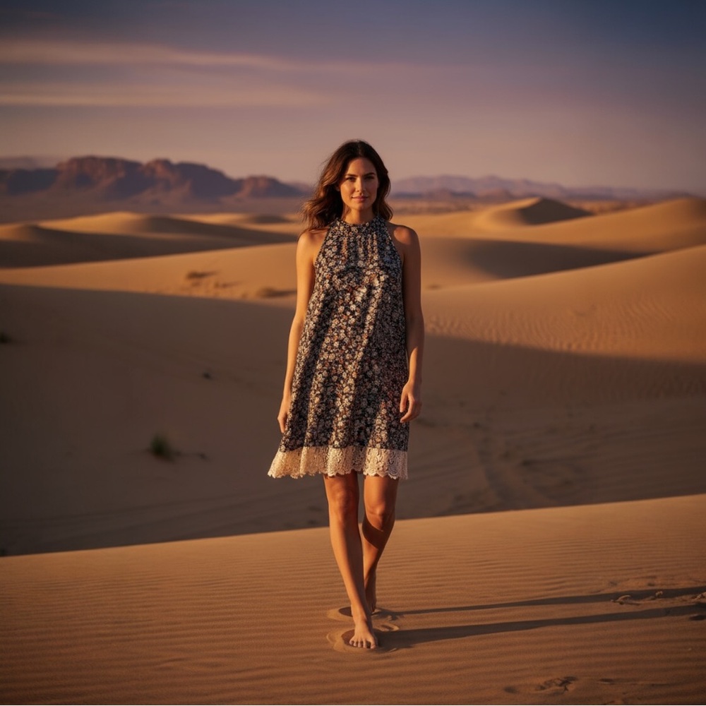 ODDY Navy Floral Dress with Lace Hem